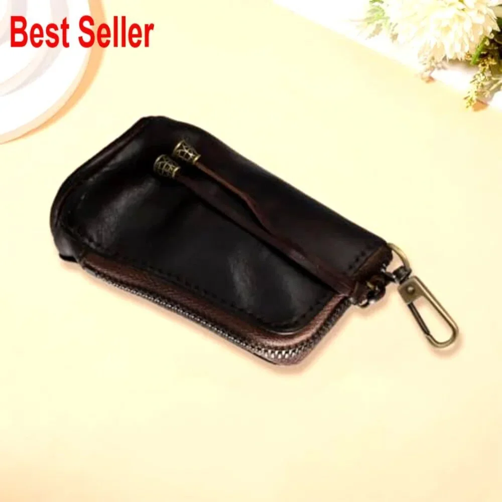 Cowhide Leather Mini Zipper Coin Pouch Keychain Wallet Vintage Storage